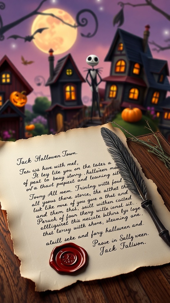 A creative letter on parchment with a wax seal, quill pen, and a whimsical Halloween Town backdrop.